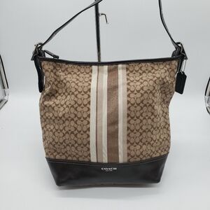 Coach Legacy Signature Stripe Khaki Fabric Bucket Bag with Leather Trim